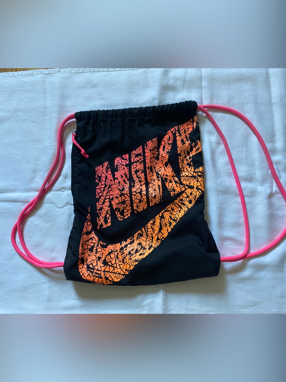 Nike Black drawstring gym bag Orange and Pink Swoosh with side zipper pocket